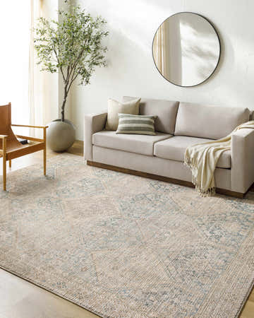 Living room scene with beige sofa, wood chair, and Marlene Medallion Beige & Blue Area Rug by Becki Owens x Livabliss. Roomscene-Rectangle
