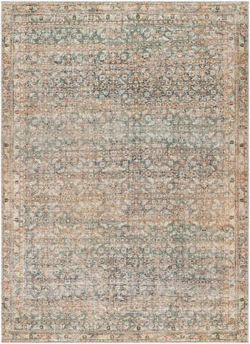 Close-up of the Marlene Damask Beige & Green Area Rug by Becki Owens x Livabliss. Traditional damask pattern with beige, brown, and green tones. Design-Rectangle-537