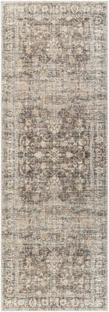 Close-up of the Marlene Medallion Brown Area Rug. Farmhouse style rug with beige, black, and brown traditional medallion pattern. Design-Runner-2773