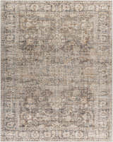 Close-up of the Marlene Medallion Brown Area Rug. Farmhouse style rug with beige, brown, and black traditional medallion pattern. Design-Rectangle-71010