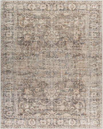 Close-up of the Marlene Medallion Brown Area Rug. Farmhouse style rug with beige, brown, and black traditional medallion pattern. Design-Rectangle-71010