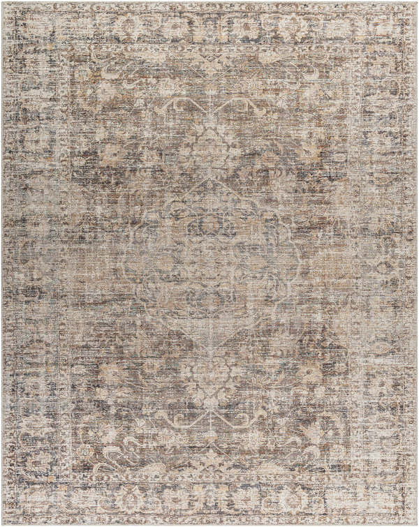 Close-up of the Marlene Medallion Brown Area Rug. Farmhouse style rug with beige, brown, and black traditional medallion pattern. Design-Rectangle-71010