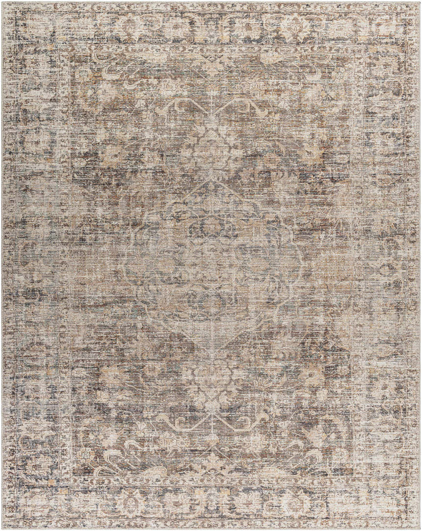Close-up of the Marlene Medallion Brown Area Rug. Farmhouse style rug with beige, brown, and black traditional medallion pattern. Design-Rectangle-71010