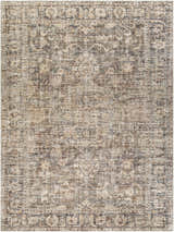 Close-up of the Marlene Medallion Brown Area Rug. Becki Owens x Livabliss rug with beige, brown, and black traditional pattern. Design-Rectangle-9212