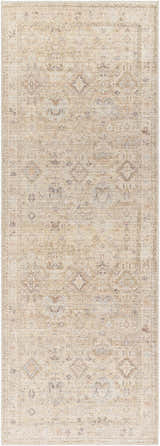 Close-up of the Marlene Damask Light Brown Area Rug. Farmhouse style rug with cream, brown, and coral damask pattern. Design-Runner-2773