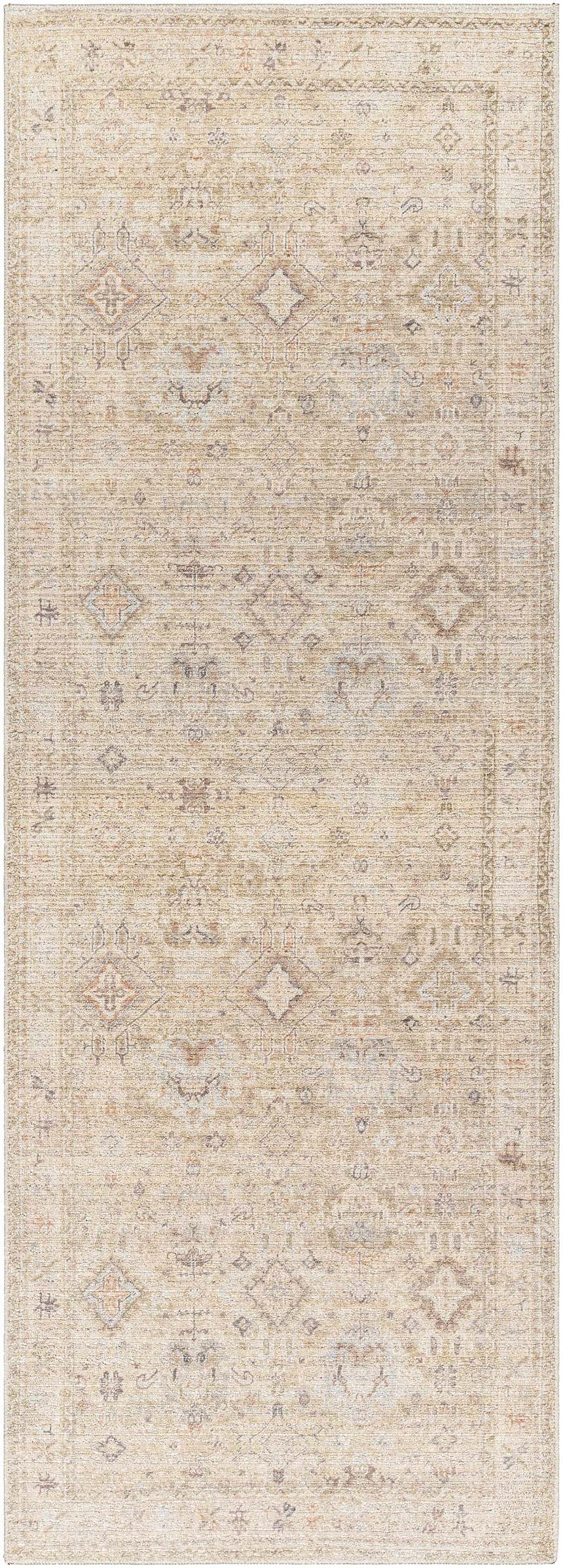 Close-up of the Marlene Damask Light Brown Area Rug. Farmhouse style rug with cream, brown, and coral damask pattern. Design-Runner-2773