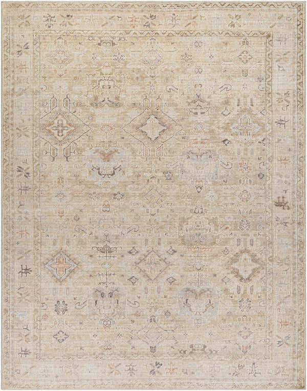 Close-up of the Marlene Damask Light Brown Area Rug by Becki Owens x Livabliss, featuring a traditional cream and brown pattern. Design-Rectangle-71010