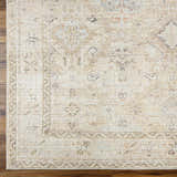Close up of Marlene Damask Light Brown Area Rug by Becki Owens x Livabliss, with cream, brown, and coral tones. Corner