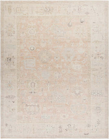 Close-up of the Marlene Damask Blush Area Rug. Traditional farmhouse style with charcoal, dusty pink, and ivory damask pattern. Design-Rectangle-71010