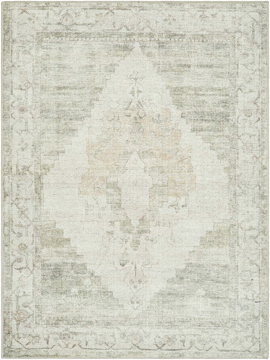 Close-up of the Luca Medallion Olive Area Rug, featuring a beige and olive traditional medallion pattern. Design-Rectangle-537