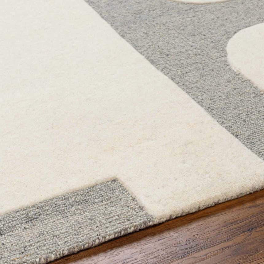 Close-up of the Aiden Area Rug showing its bone and gray contemporary design and hand-tufted wool texture. Texture