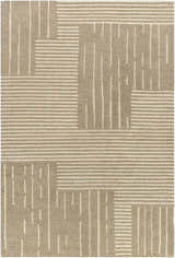 Close-up of the Akuji Area Rug showcasing a contemporary geometric pattern in light peach and medium gray wool. Design-Rectangle-576