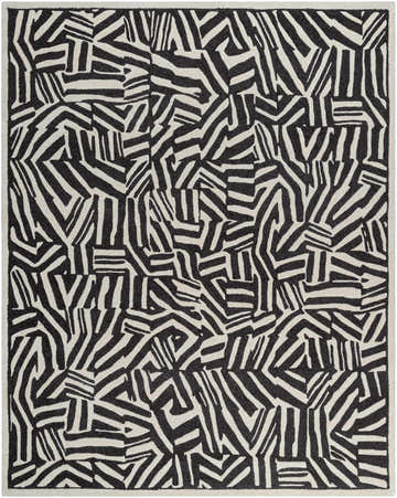 Close-up of the Avian Black Wool Area Rug. Abstract, geometric pattern in cream and dark brown. Hand-tufted texture. Design-Rectangle-810