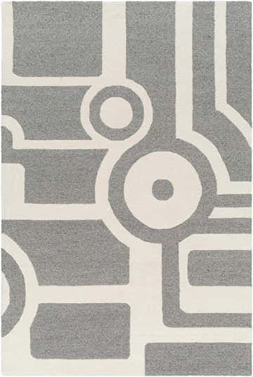 Close-up of the Daryl Area Rug. Hand-tufted wool rug in gray and white with a contemporary geometric pattern. Design-Rectangle-576