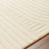 Close up of the textured, striped pattern on the Whan Off White Area Rug. Texture