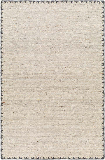 Close-up of the Ayumu Beige Hand Woven Wool Area Rug, showing texture and dark gray stitched border. Farmhouse style. Design-Rectangle-576
