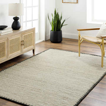 Living room scene with the Ayumu Beige Hand Woven Wool Area Rug, wood floors, cane cabinet, gold chair, and snake plant. Roomscene-Rectangle