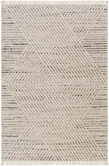 Close-up of the Brita Area Rug. Bone and dark brown geometric pattern with a flat pile and short fringe. Bohemian style. Design-Rectangle-537