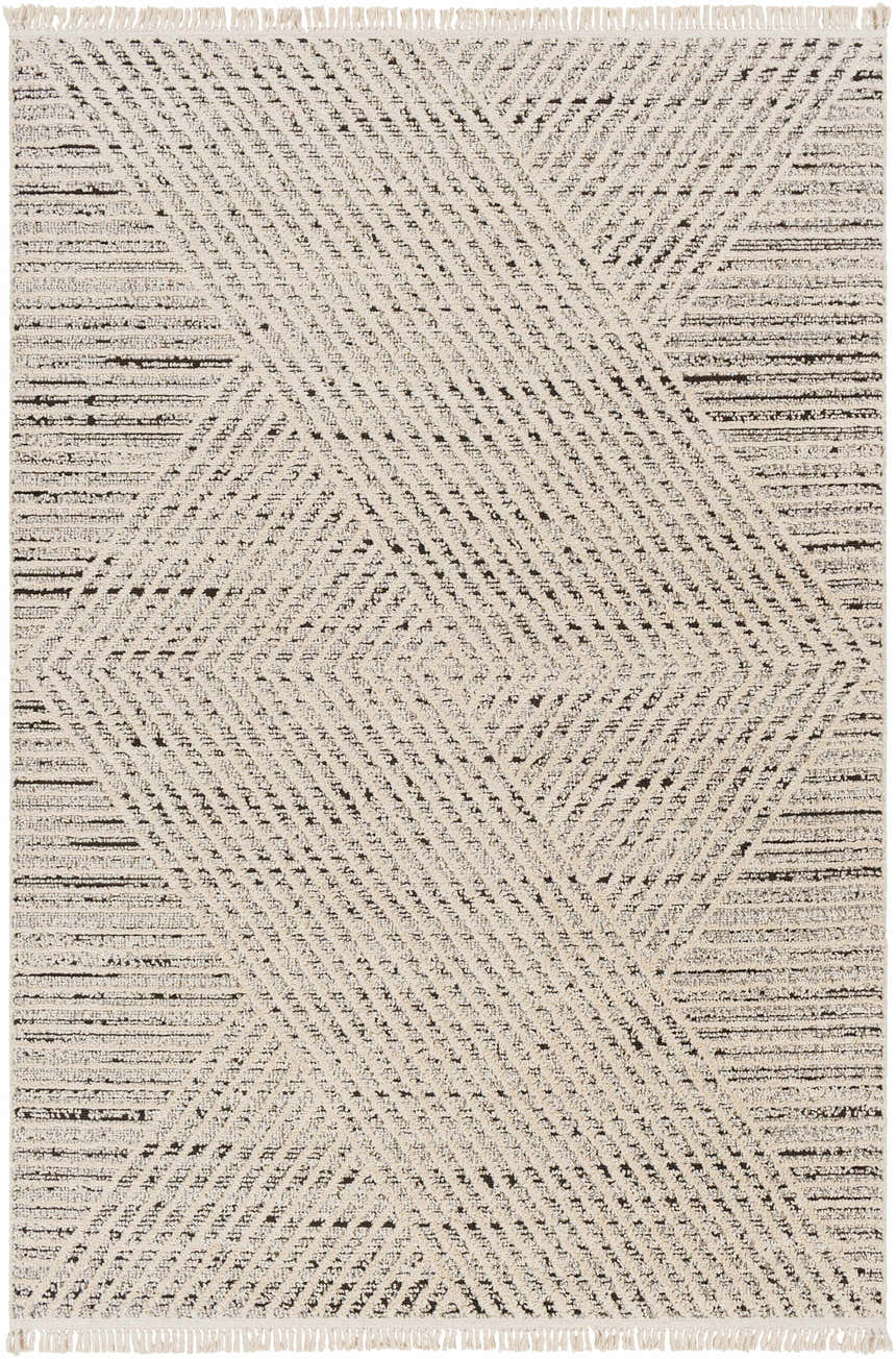 Close-up of the Brita Area Rug. Bone and dark brown geometric pattern with a flat pile and short fringe. Bohemian style. Design-Rectangle-537