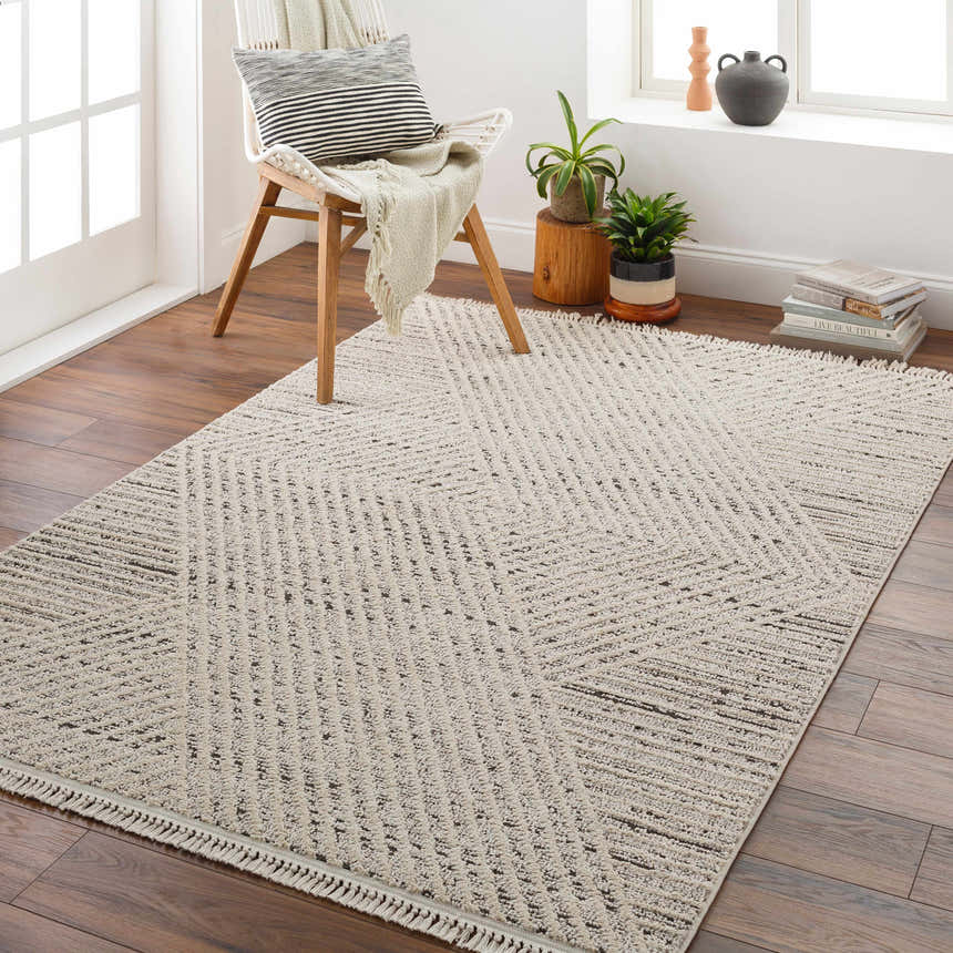 Bright entryway with a bone Brita Area Rug, wood floors, chair, and plants by the window. Roomscene-Rectangle