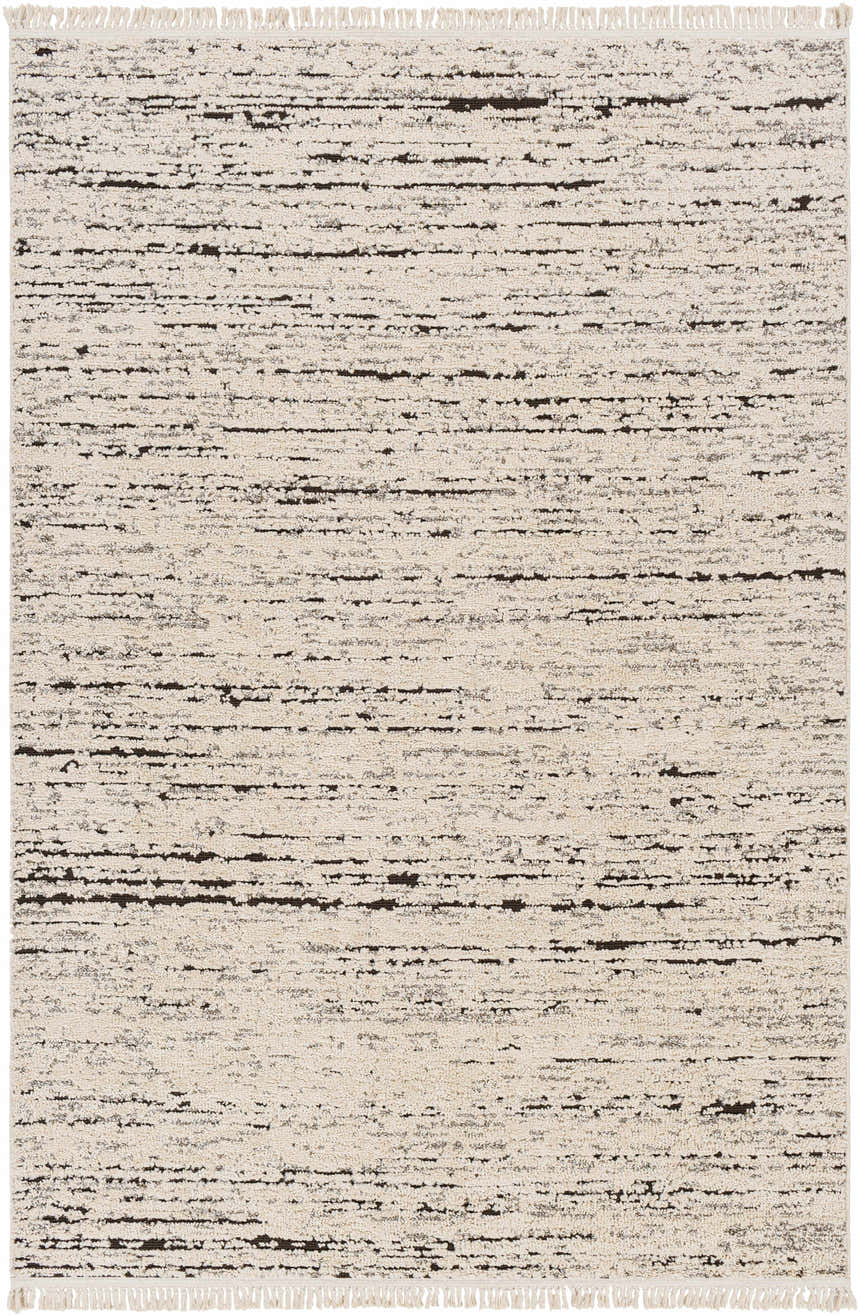 Close-up of the Elian Area Rug. Machine-woven with a bone base and dark brown, horizontal striations. Features a short fringe. Design-Rectangle-537