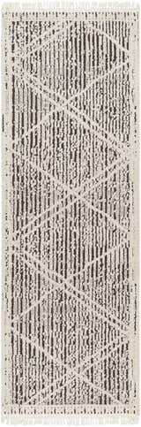 Close-up of the Luuk Area Rug. Brown and ivory rug with a geometric pattern and fringed edges. Design-Runner-2773