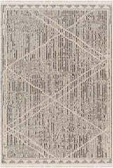 Close-up of the Luuk Area Rug; a machine woven rug in dark brown and ivory with a geometric pattern and fringe. Design-Rectangle-537