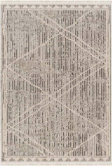 Close-up of the Luuk Area Rug; a machine woven rug in dark brown and ivory with a geometric pattern and fringe. Design-Rectangle-537