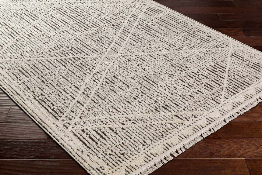 Close-up of the Luuk Area Rug showcasing its ivory and dark brown geometric pattern and soft, textured weave. Corner