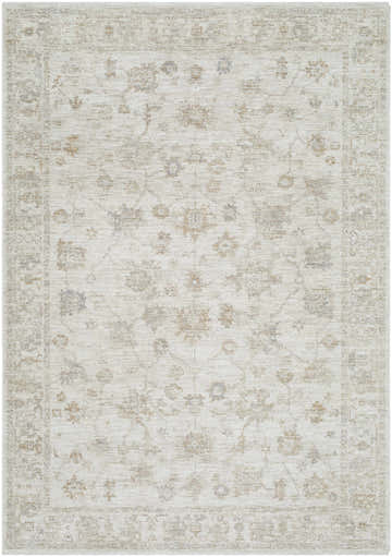 Close-up of the Sashi Ivory Luxe Area Rug featuring a traditional floral pattern in pale pink, silver gray, and slate blue. Design-Rectangle-57