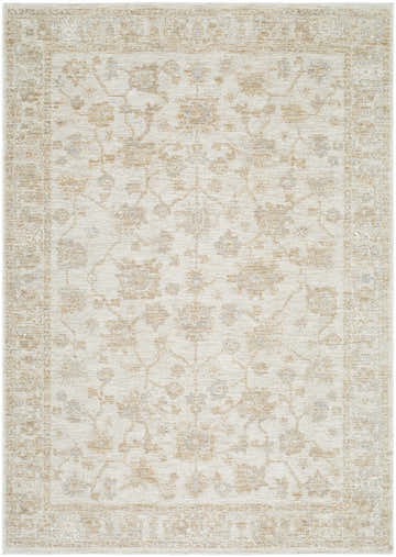 Detailed view of the Sashi Tan Luxe Area Rug with a traditional floral pattern and tan border. Design-Rectangle