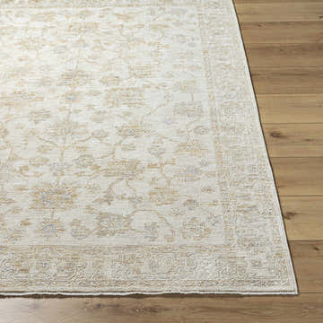 Close up of the Sashi Tan Luxe Area Rug showing its traditional floral pattern and tan, ash, and light silver colors. Front