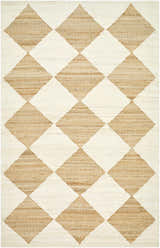 Close-up of the Sondo Beige Area Rug. Hand-woven cotton and jute rug with a diamond pattern in beige and pearl. Design-Rectangle-576