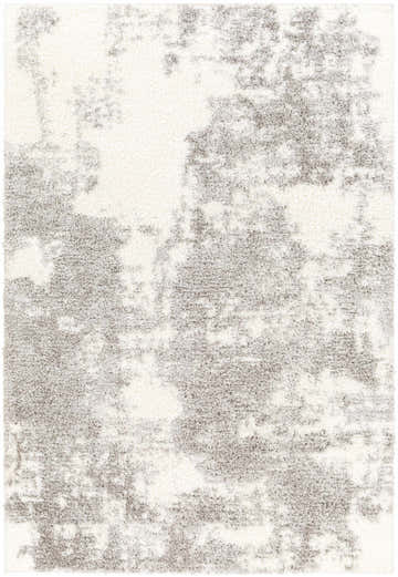 Close-up of the Azizi Area Rug; a shag rug in off-white and gray with a subtle, abstract pattern. Design-Rectangle-537