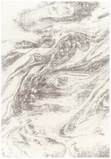 Close-up of the Delma Area Rug, a shag rug with a marbled cloud gray and off-white pattern. Design-Rectangle-537