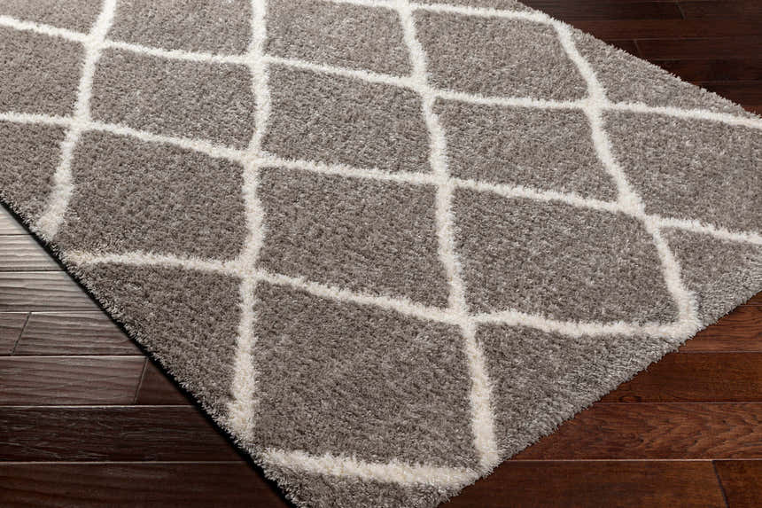Close-up of the Faye Area Rug, a gray shag rug with a geometric off-white diamond pattern. Corner