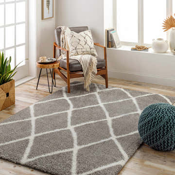 Cozy living room scene with a gray Faye Area Rug featuring a geometric pattern, chair, and boho accents. Roomscene-Rectangle