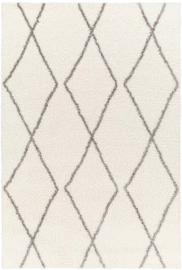 Close up of the Maximiliano Area Rug featuring a geometric diamond pattern in off white and gray. Design-Rectangle-537