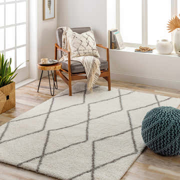 Living room scene with a geometric Maximiliano Area Rug in dark gray and off-white. Modern chair and sage pouf. Roomscene-Rectangle