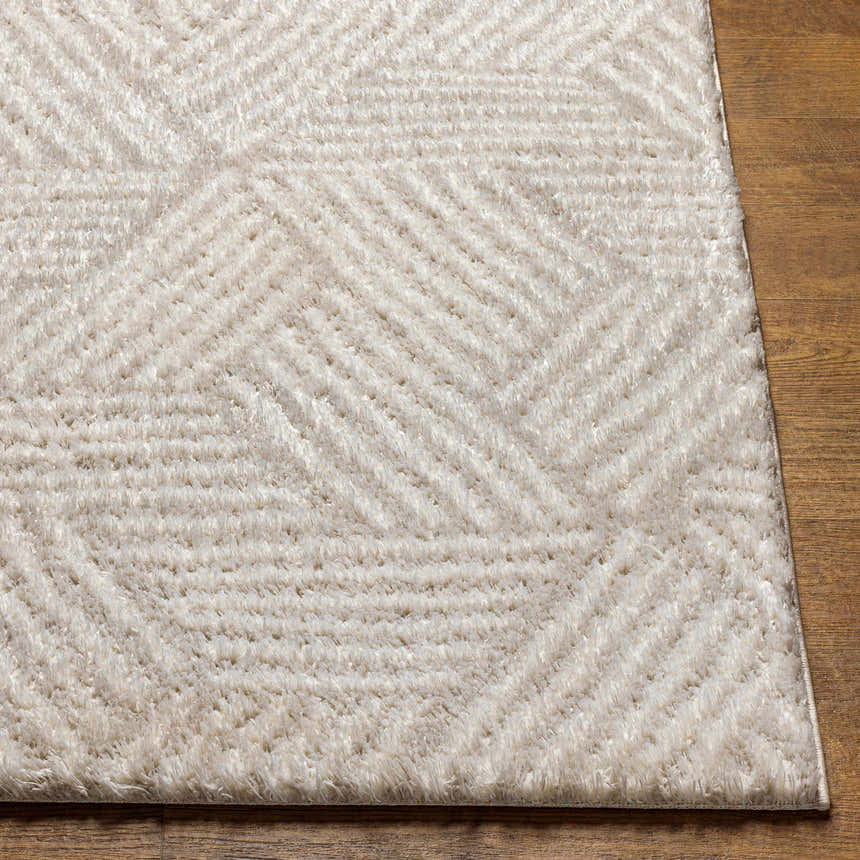 Close up of the Mura Cream Area Rug showing its shag texture and geometric pattern. Front