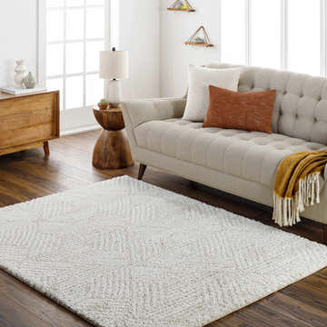 Living room scene with a neutral sofa and a Mura Cream Area Rug on dark wood floors. Roomscene-Rectangle