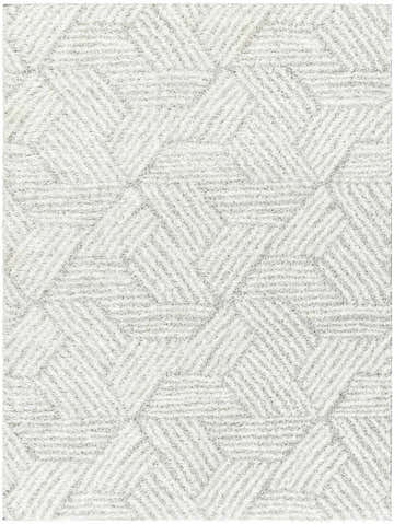 Close-up of the Mura Gray Area Rug showing its geometric shag design and dark beige, gray, and off white colors. Design-Rectangle-537