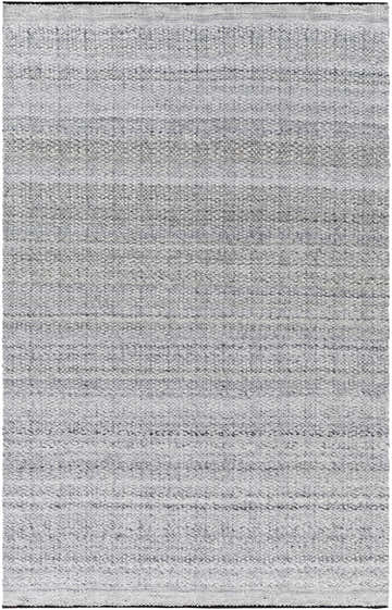 Close-up of the Gray Anane Area Rug, a hand-woven rug with a subtle striped pattern in shades of gray, silver, and white. Design-Rectangle-576