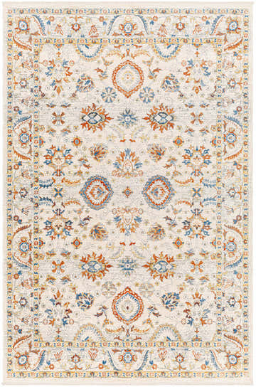 Detailed Araya Area Rug in beige, bone, cloud gray, and muted blue. Traditional floral pattern, machine woven polyester. Design-Rectangle-537