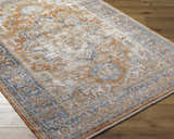 Close-up of the Basim Area Rug showing its traditional bone, copper, and blue farmhouse pattern and soft texture. Corner