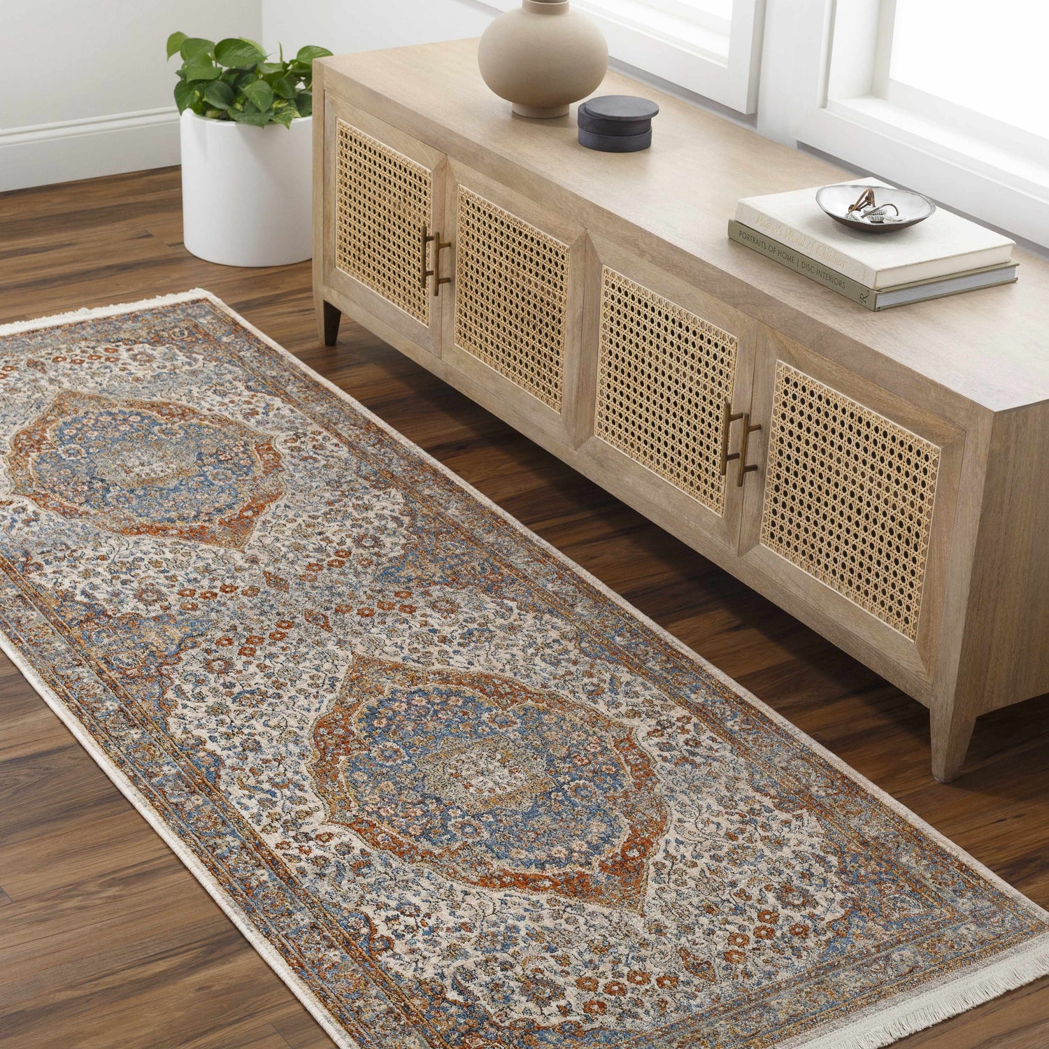Farmhouse entry with Bojan Area Rug runner in beachhouse, brown, copper, and denim colors. Roomscene-Runner