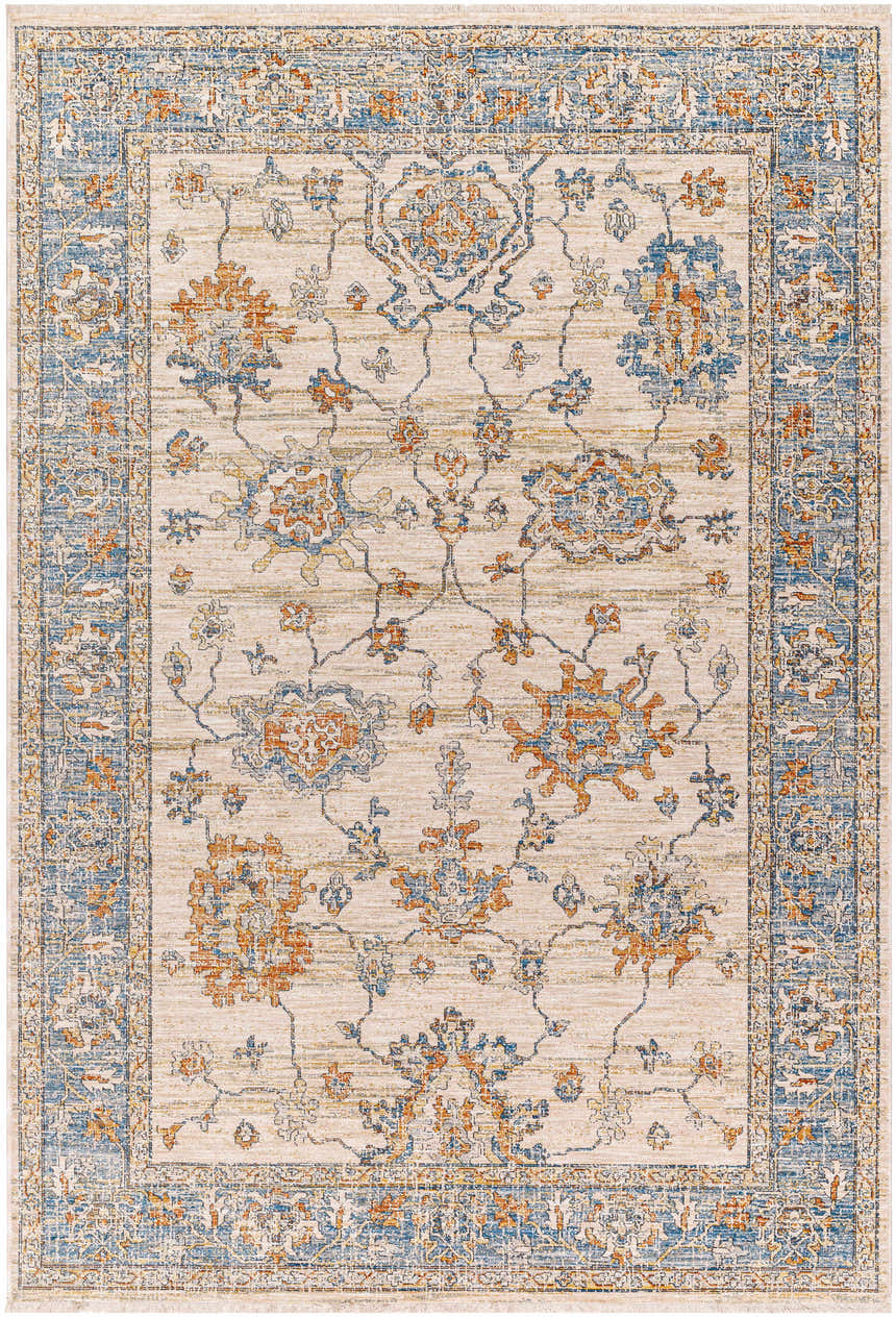 Detailed view of the Luma Area Rug, featuring a traditional floral pattern in faded driftwood, blue, and multi-brown tones. Design-Rectangle-537