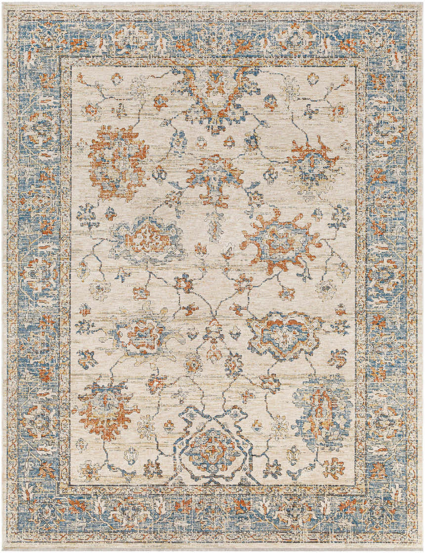 Close-up of the Luma Area Rug featuring a traditional floral pattern in faded driftwood, lambswool, blue, and multi-brown tones. Design-Rectangle-71010