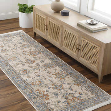 Hallway scene with Luma Area Rug runner in faded driftwood, blue, and brown tones. Farmhouse style console table. Roomscene-Runner