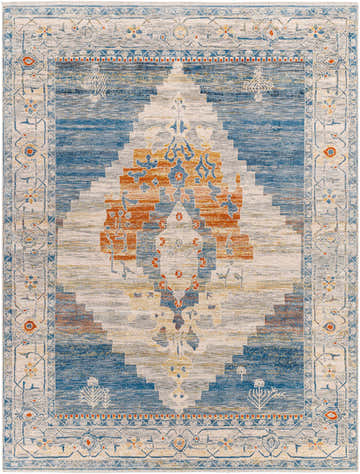 Close-up of the Shin Area Rug with a traditional diamond pattern in clay, copper, denim, and gray hues. Machine-woven polyester texture. Design-Rectangle-71010